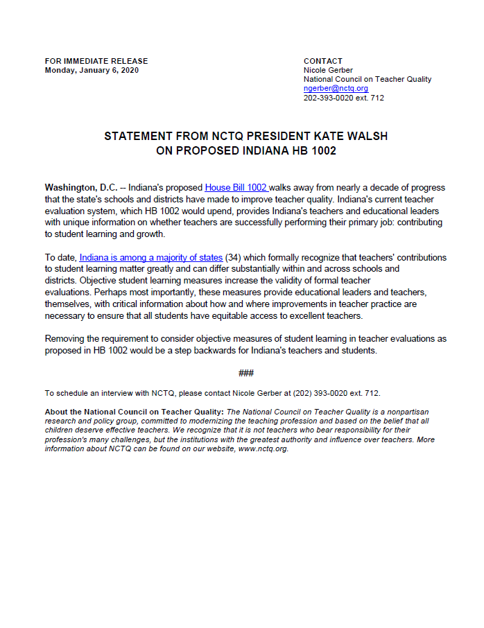 Statement from NCTQ President Kate Walsh on Proposed Indiana HB 1002